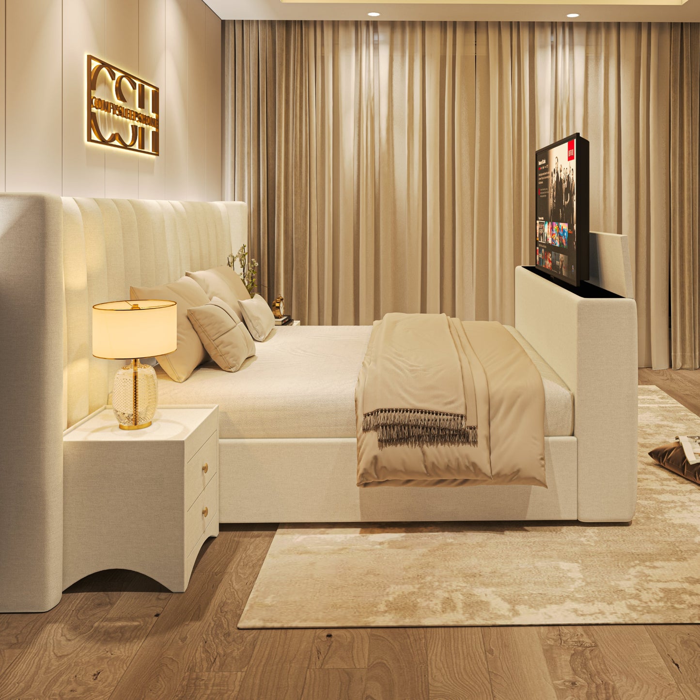 Elegant bedroom featuring the 2025 Alyssia TV Bed with built-in TV, cream upholstery, soft bedding, and warm ambient lighting.