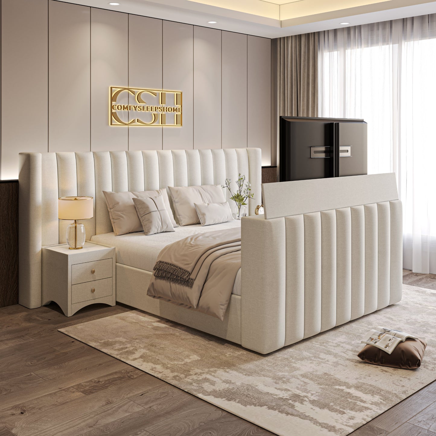 Modern bedroom with padded bed, neutral decor, and a TV at the foot of the bed.