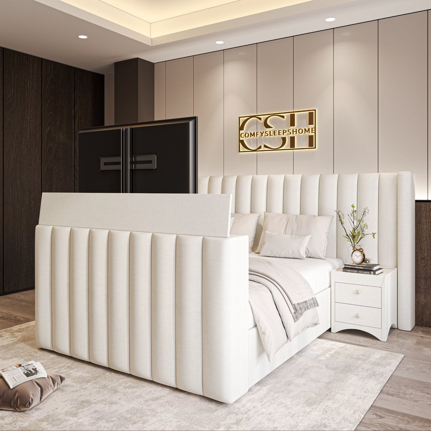 Modern bedroom with a bed, upholstered headboard, nightstand, and recessed lighting.