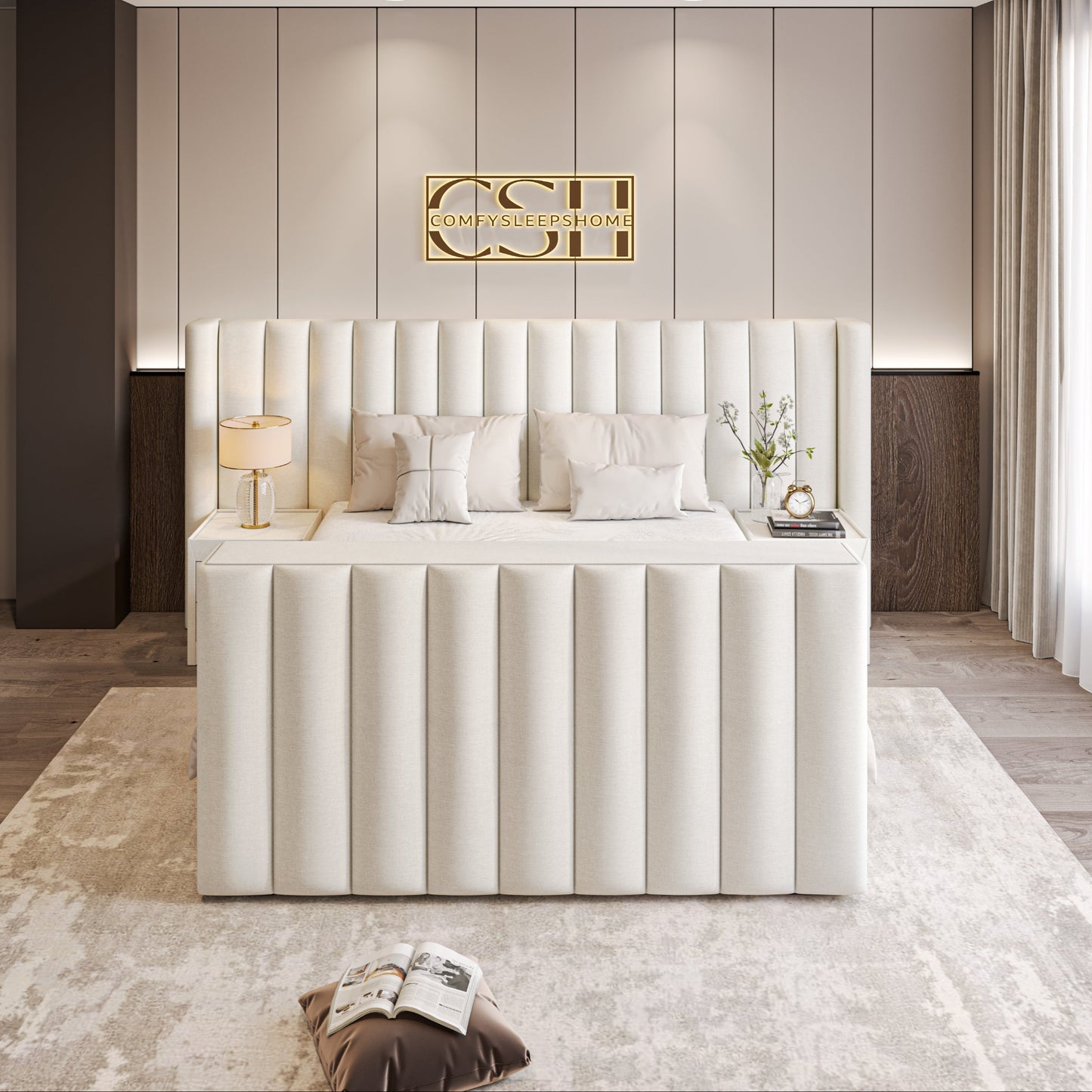 Modern bedroom with a beige tufted bed and minimalist decor.