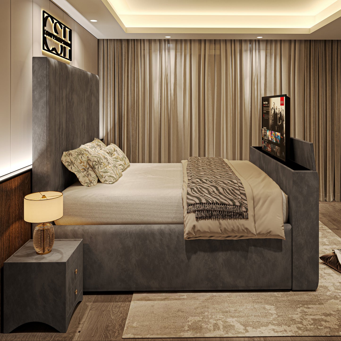 Luxurious setup of 2025 The Belgravia TV Bed with hidden TV, soft grey upholstery, bedside table, and warm ambient decor.