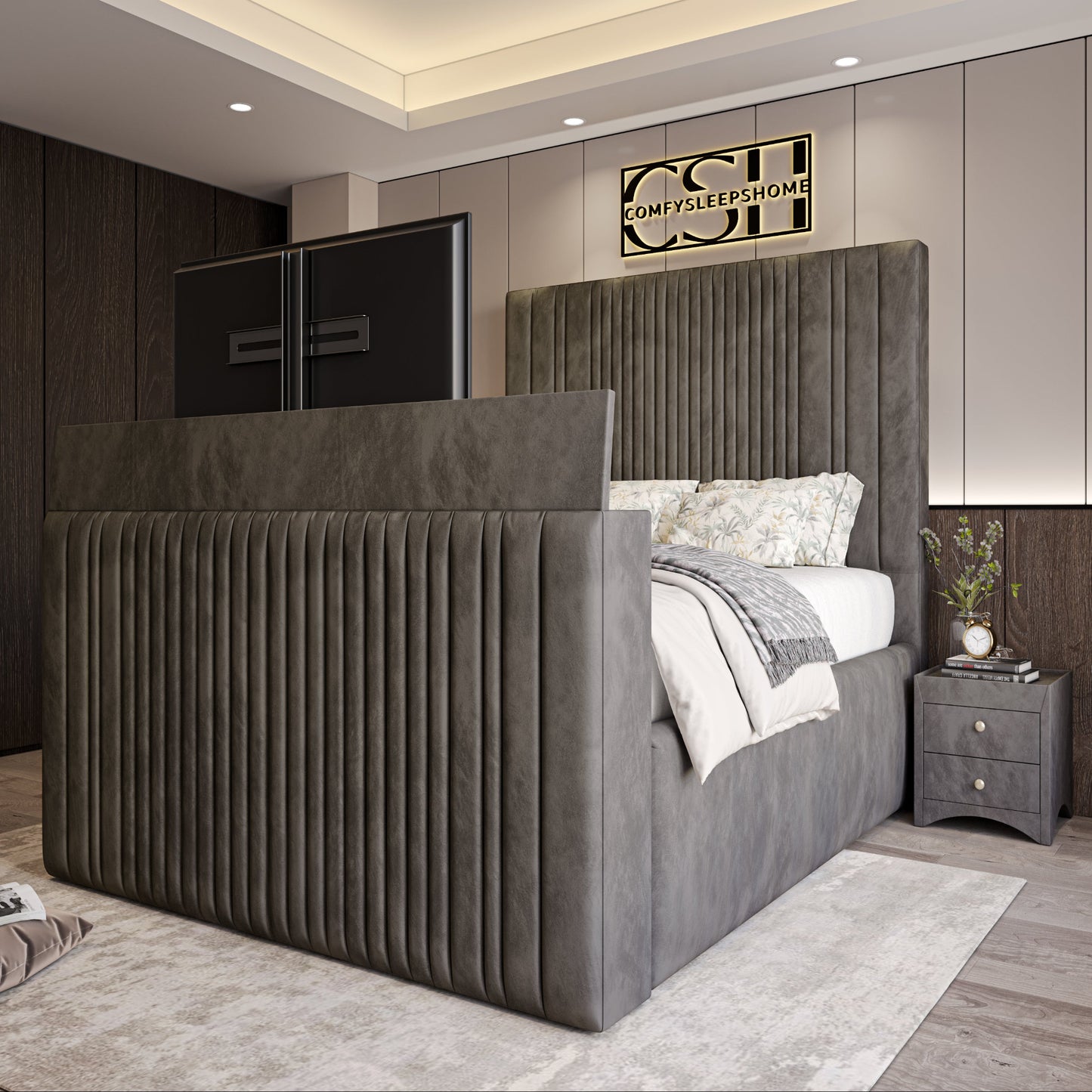 2025 The Belgravia TV Bed displayed with built-in TV lift, premium fabric design, layered bedding, and a serene room environment.