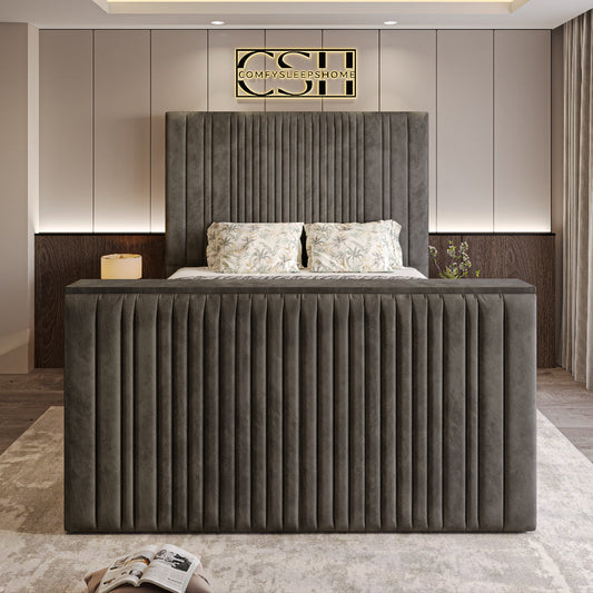 A striking grey 2025 Belgravia TV Bed featuring tall, fluted headboard and footboard, providing a bold statement in a modern bedroom.