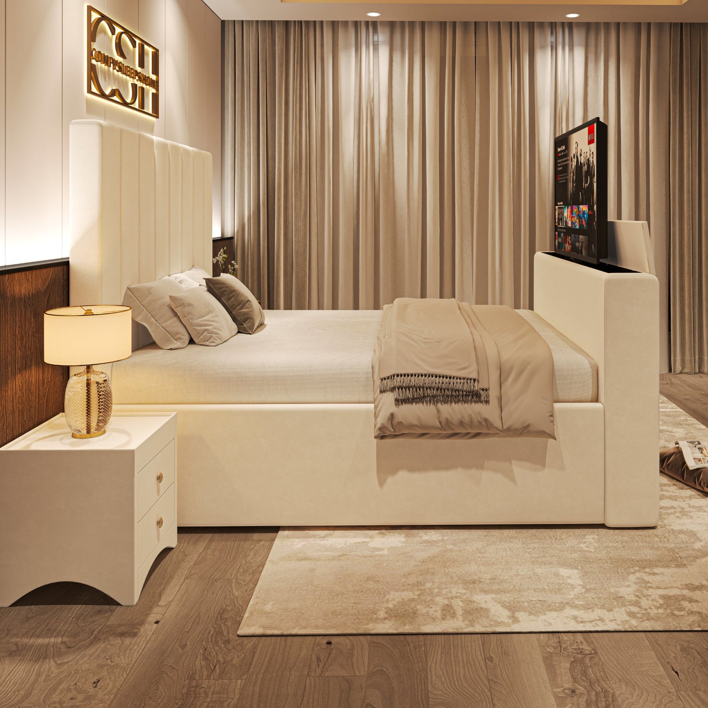Modern bedroom with 2025 Fiorentina TV Bed in soft fabric, built-in TV, layered bedding, and warm, neutral interior styling.