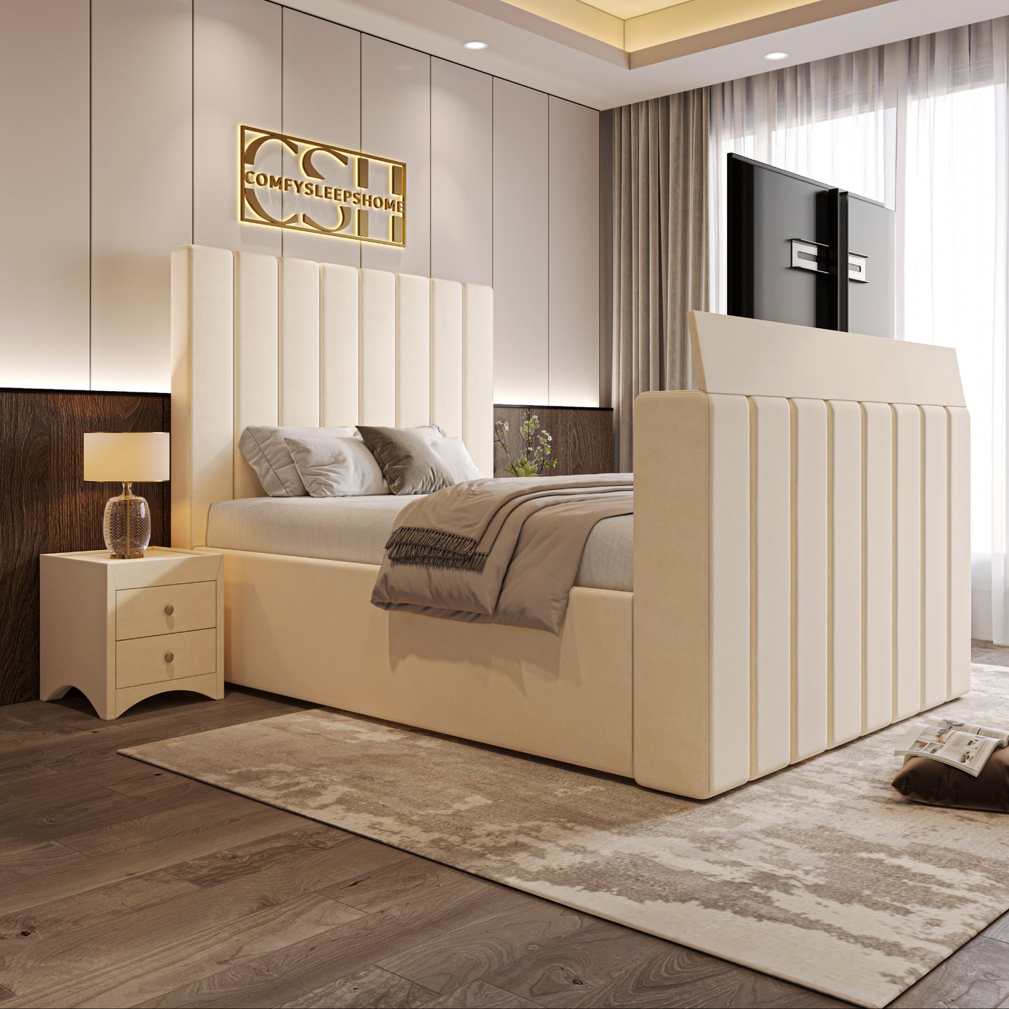 2025 Fiorentina TV Bed in a modern bedroom with beige upholstery and vertical paneling.