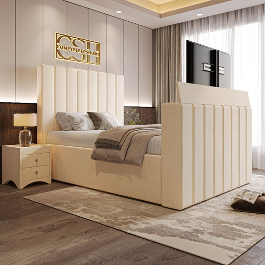 A contemporary cream upholstered 2025 Fiorentina TV Bed with a tall, channel-tufted headboard and integrated TV, in a modern bedroom.