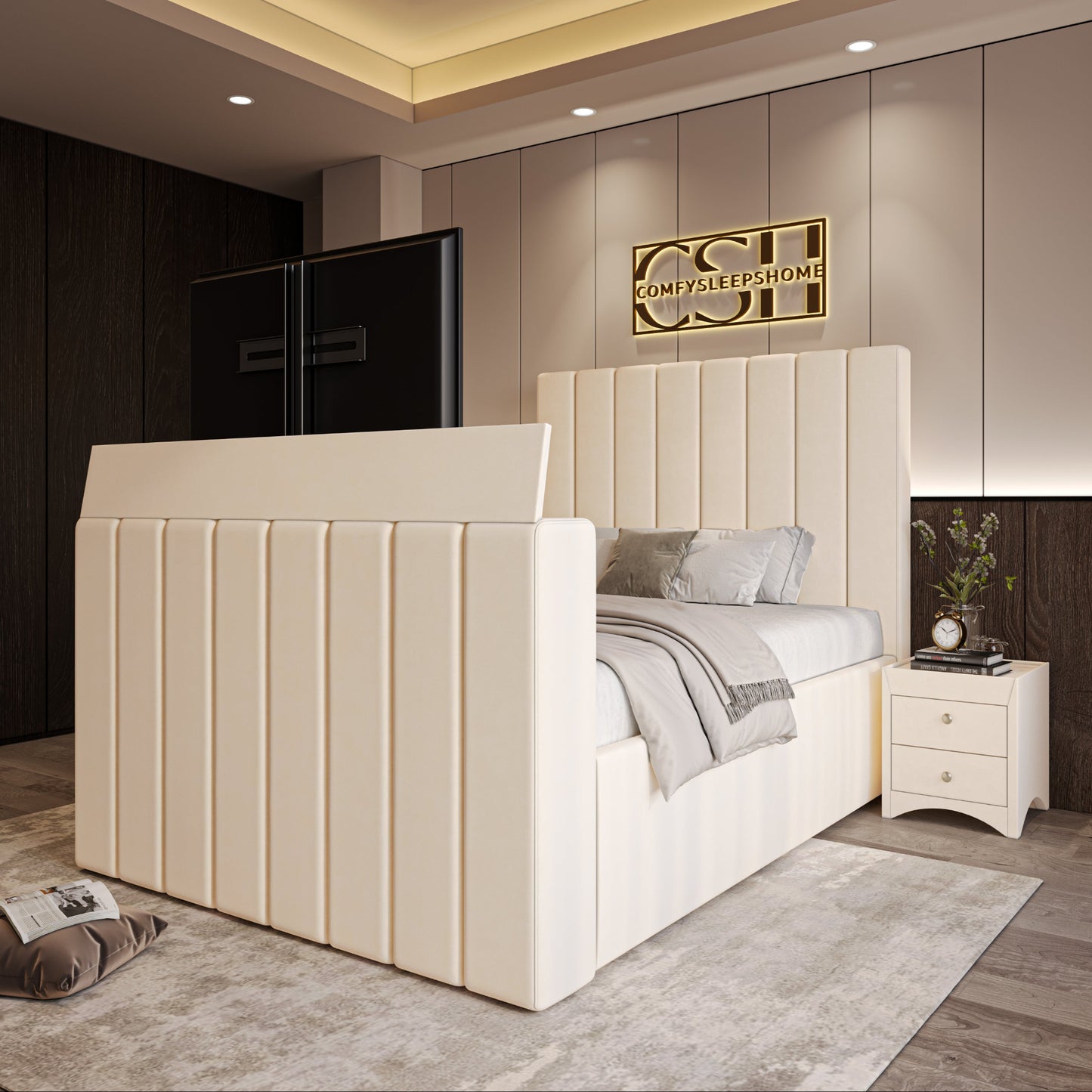 Modern bedroom featuring a 2025 Fiorentina TV Bed with beige upholstery and vertical stitching.