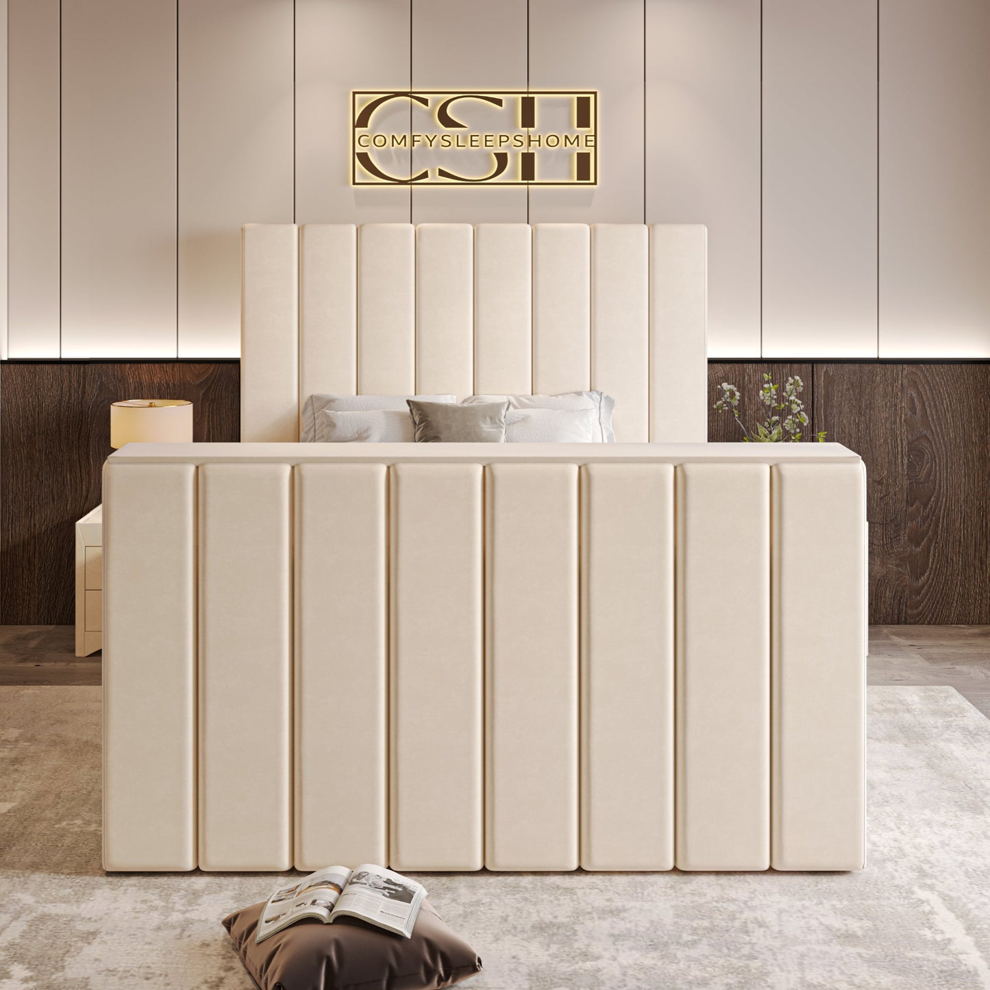 Modern bedroom with a 2025 Fiorentina TV Bed featuring a beige upholstered design.