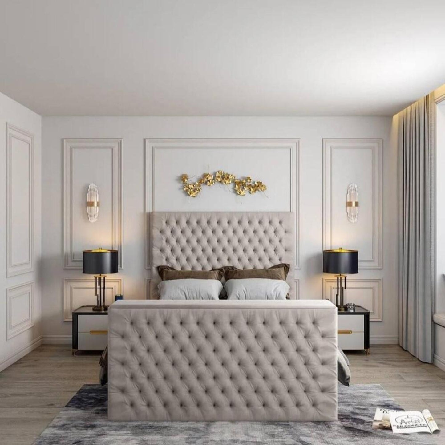 Luxurious bedroom with beige tufted bed, gold leaf art, and elegant decor. 2025 florence tv bed in stylish setting.