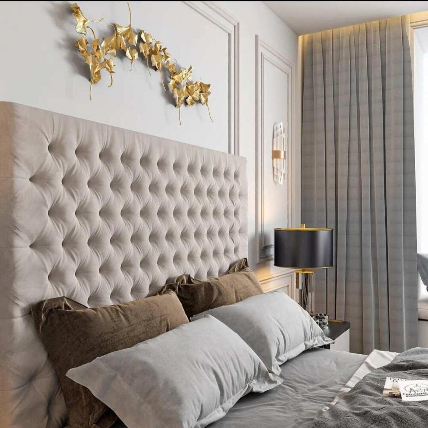 Bedroom with tufted headboard, pillows, and gold wall art. Features 2025 Florence TV bed with modern design elements.