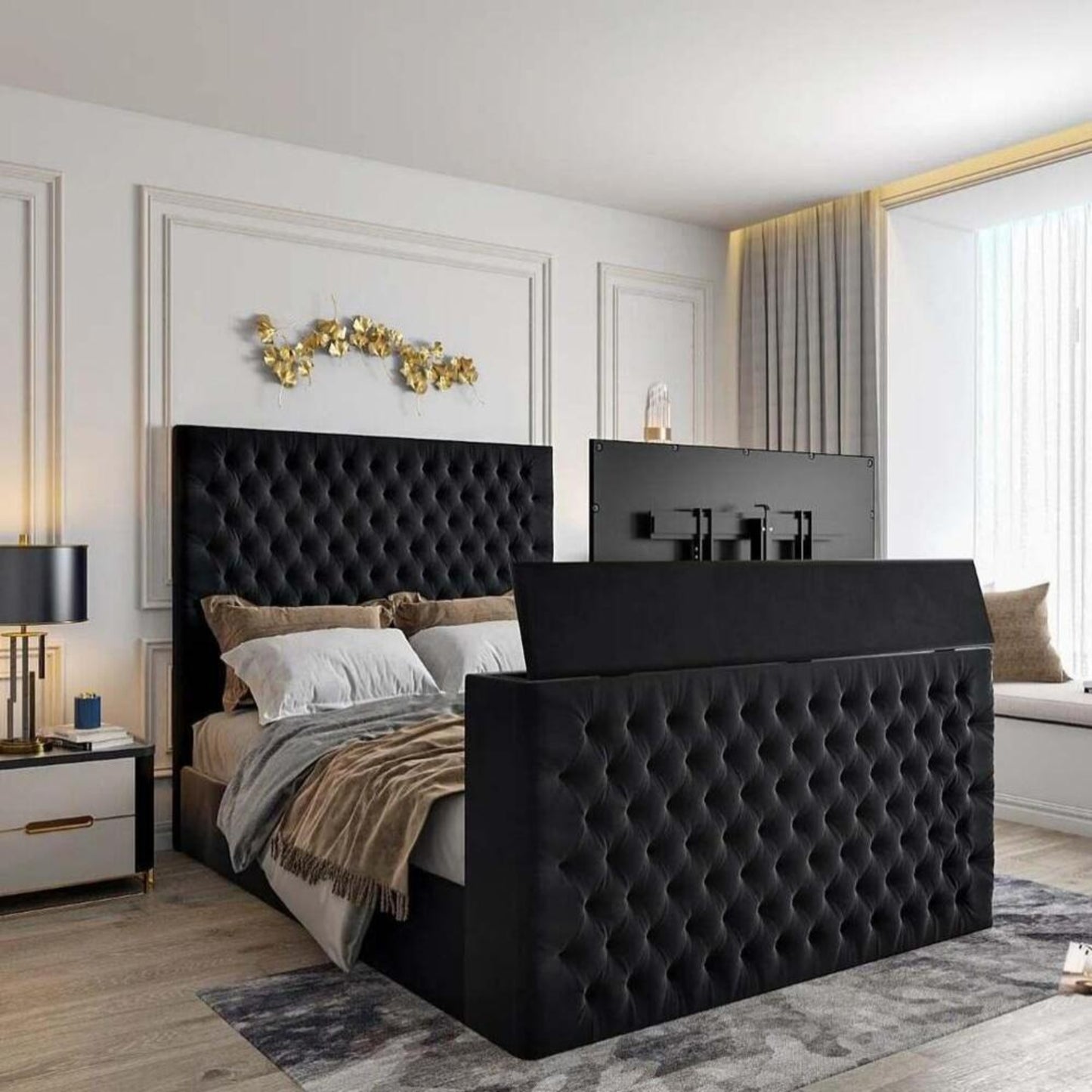 Luxurious bedroom with 2025 Florence TV bed, black tufted design and elegant decor, illuminated by natural light.