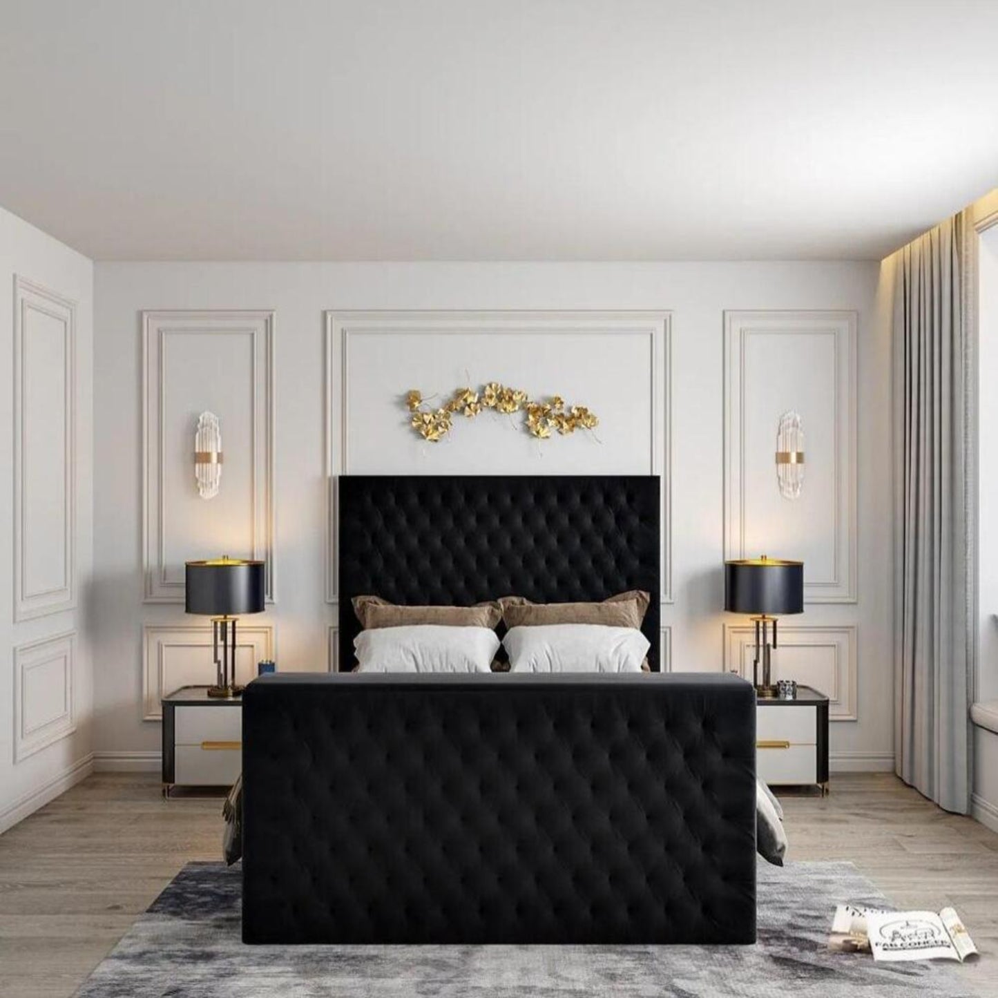 Modern bedroom with 2025 Florence TV bed featuring a black tufted headboard and footboard, flanked by bedside tables.