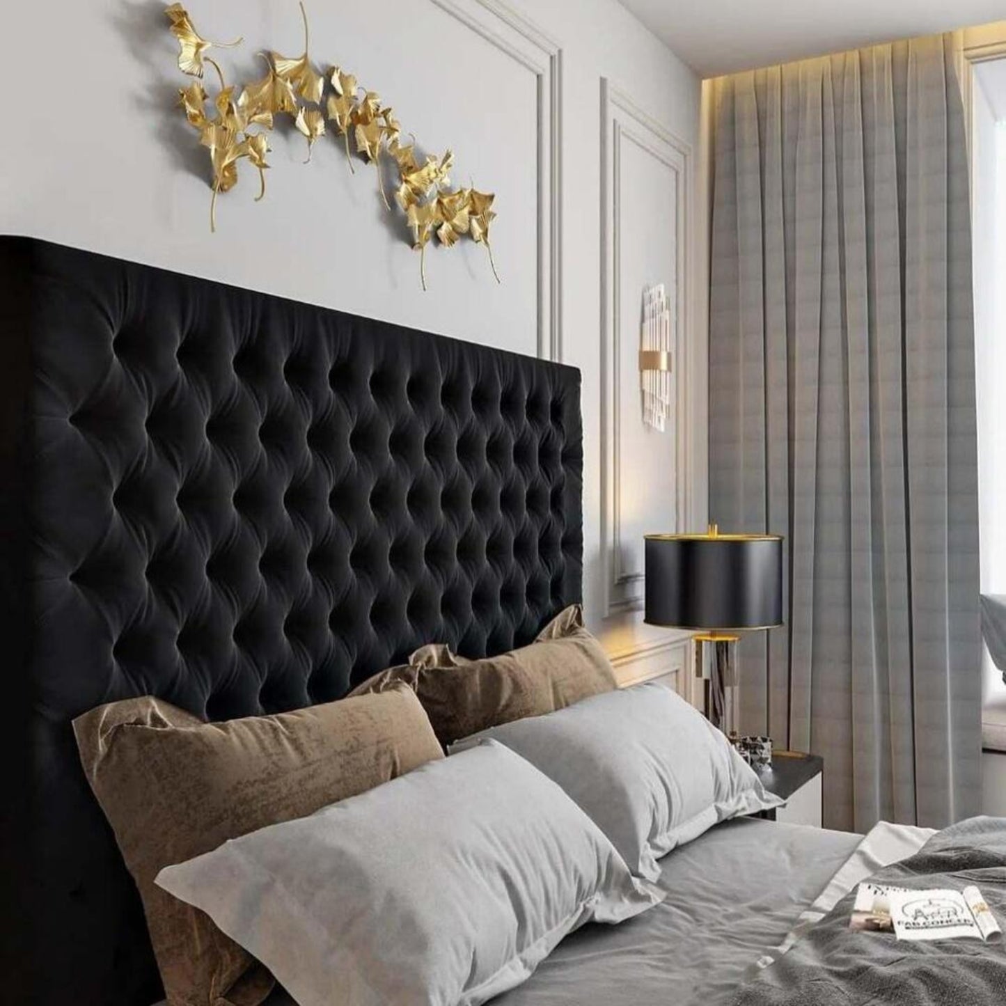 Modern bedroom featuring a 2025 Florence TV bed with a black tufted headboard, beige and gray pillows, and decorative elements.