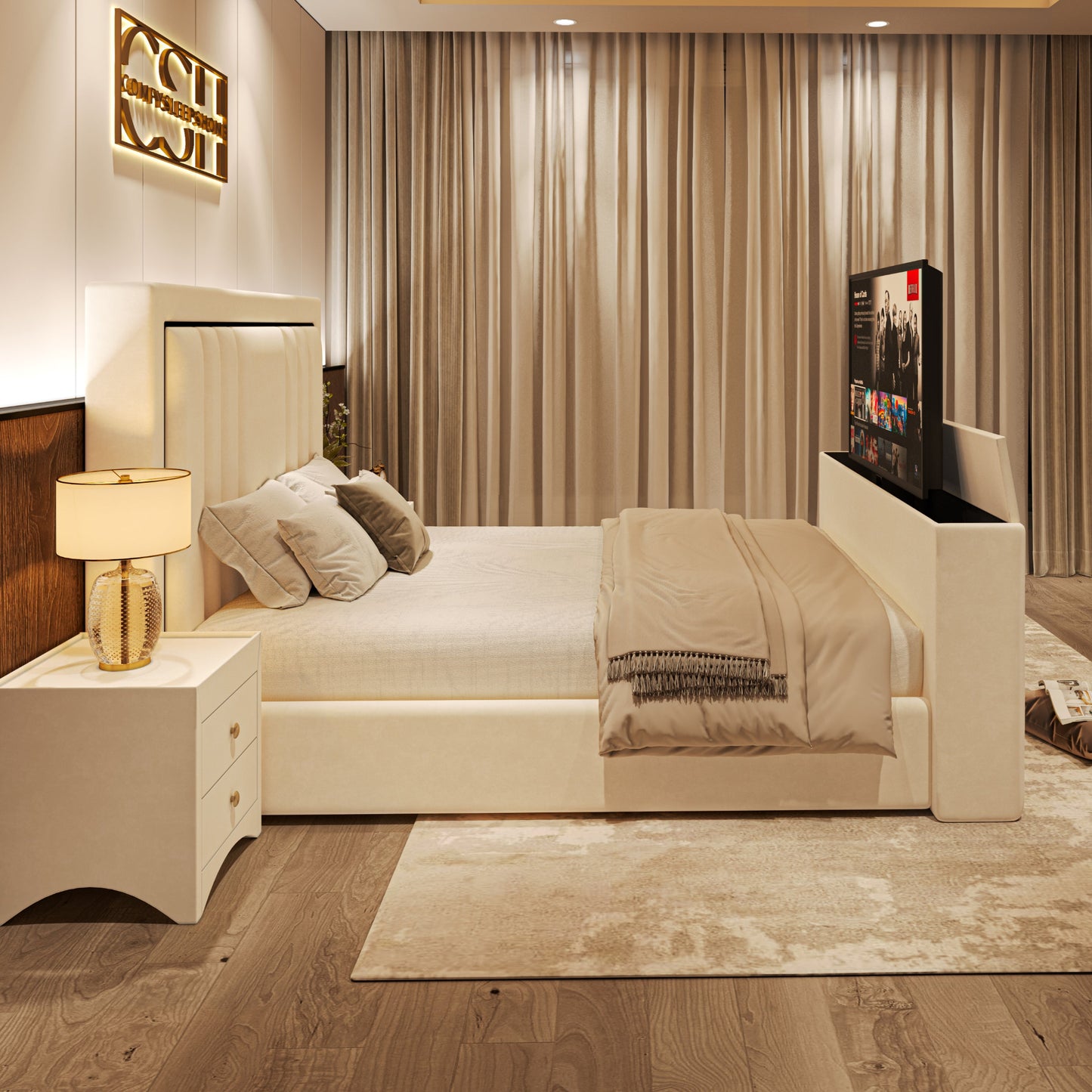 A modern bedroom styled with the 2025 Kensington TV Bed, showcasing a soft beige upholstered design and a seamlessly built-in TV.