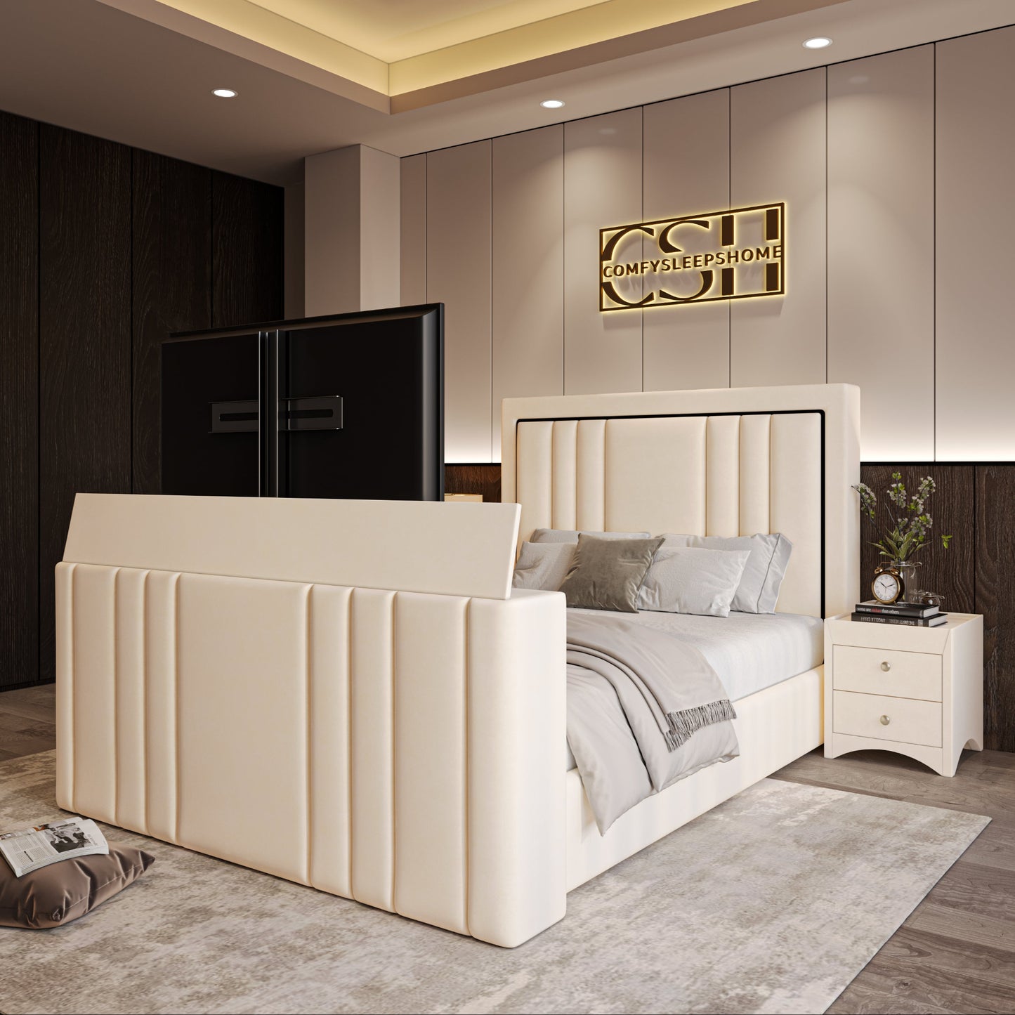 Modern bedroom with a 2025 Kensington TV Bed featuring a beige upholstered design and built-in TV.