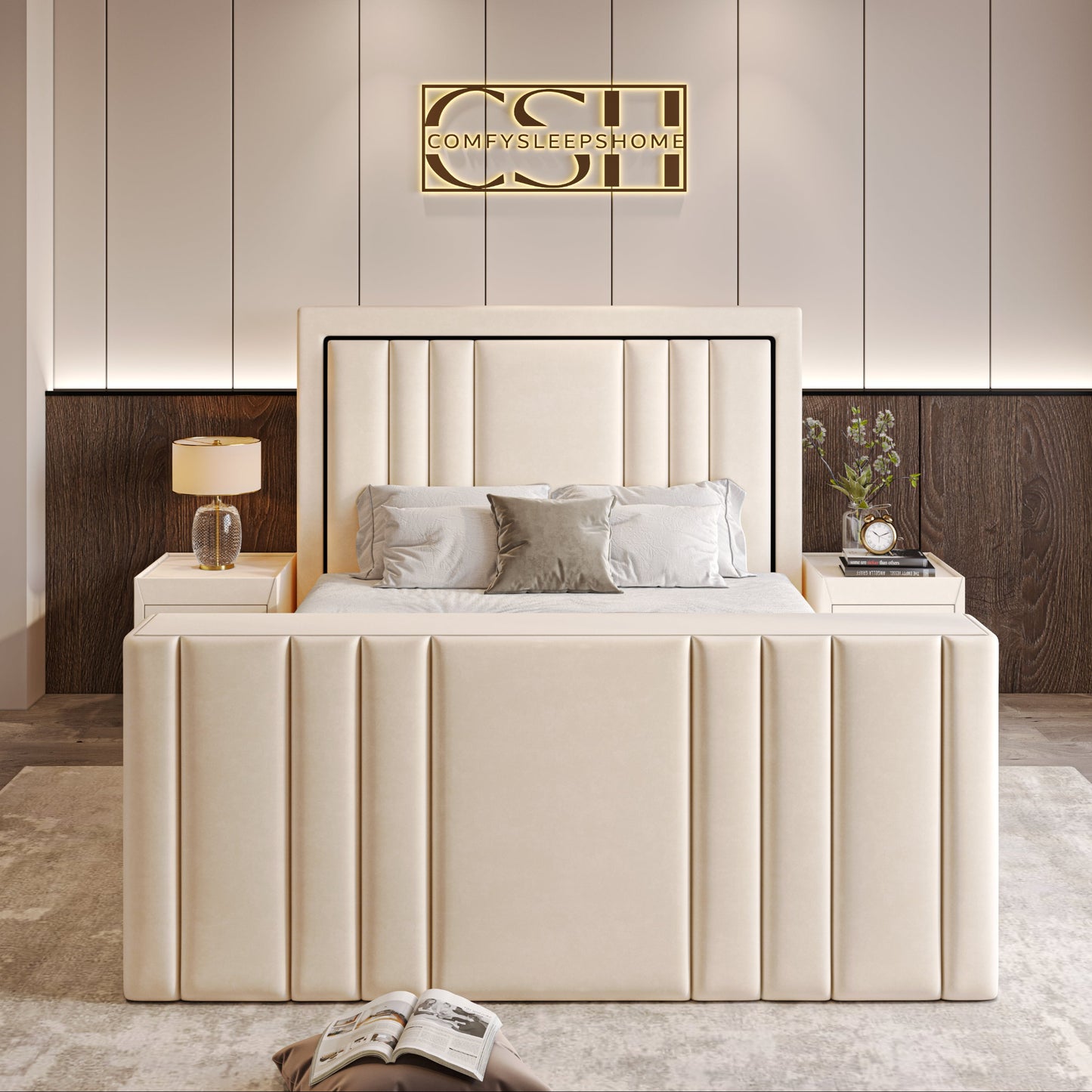 Elegant bedroom featuring a modern 2025 Kensington TV Bed with vertical paneling.