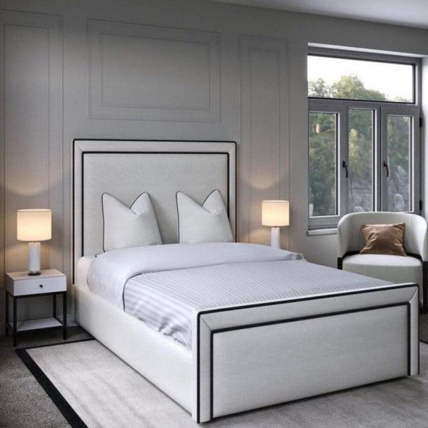 Modern bedroom with a linear bed, gray walls, and a window view of greenery.