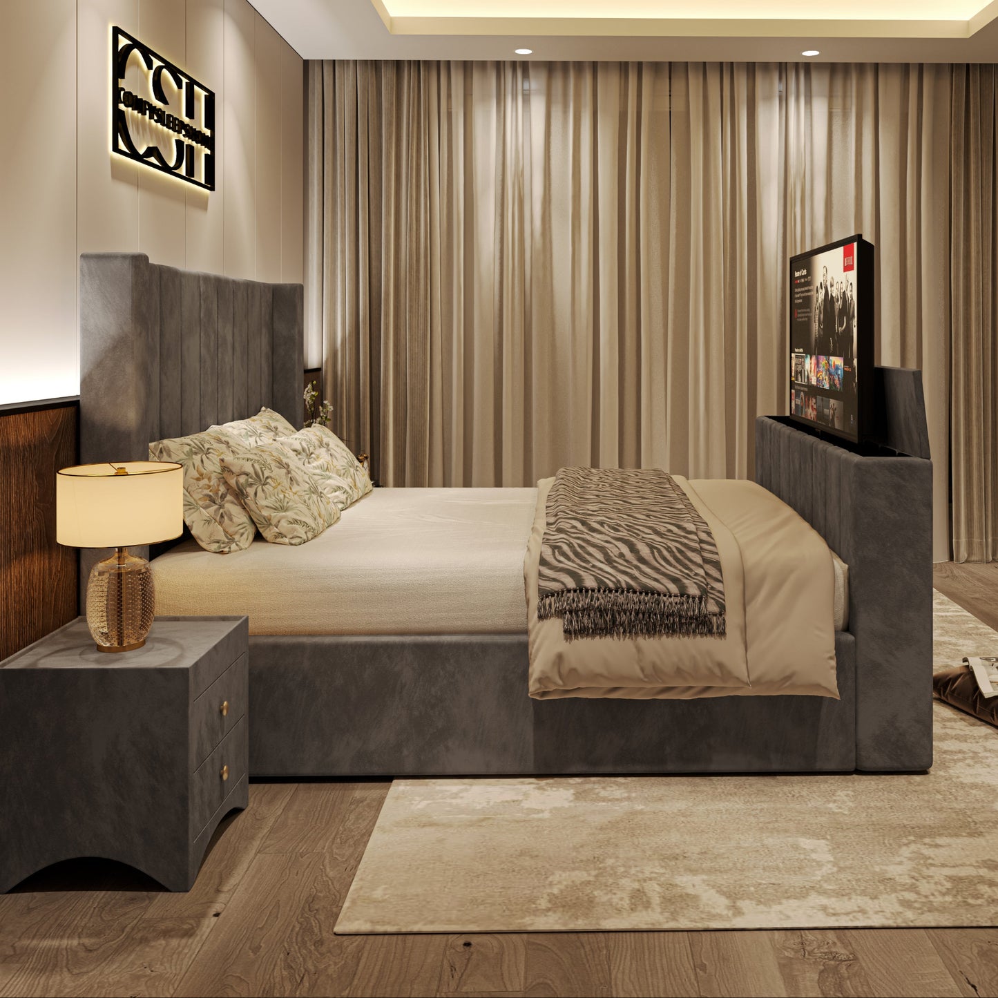 Modern bedroom with 2025 Lynza TV Bed in grey upholstery, built-in TV, soft pillows, and floor-to-ceiling curtains.