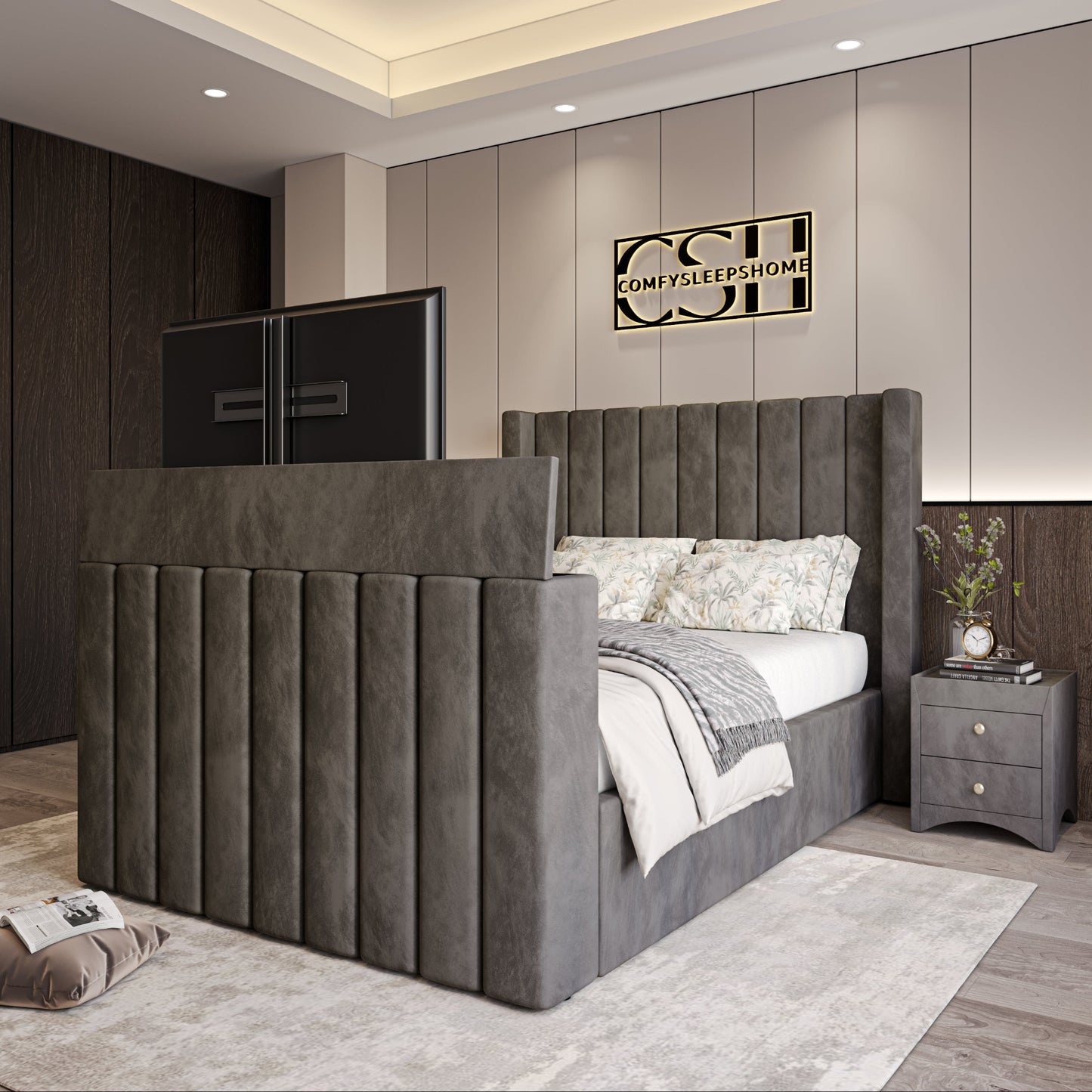 Modern bedroom with a 2025 Lynza TV Bed featuring built-in television.