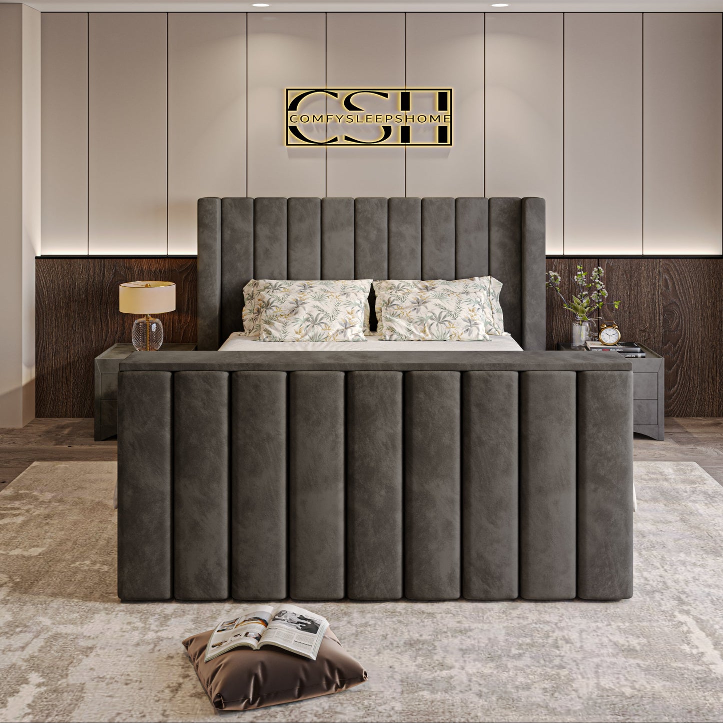 Modern bedroom with 2025 Lynza TV Bed, featuring dark upholstery and minimalist decor.