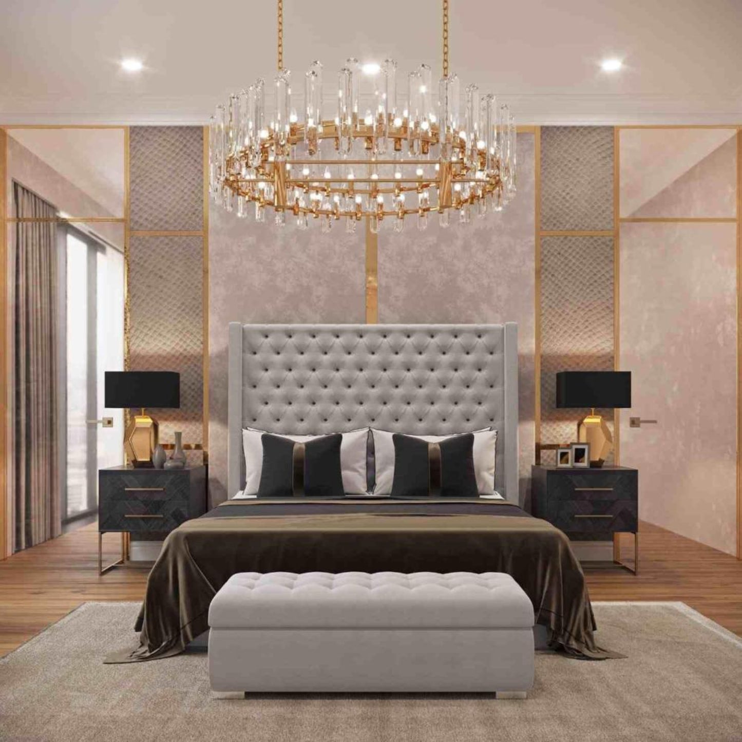 Elegant bedroom with 2025 Nina wingback bed, large tufted headboard, crystal chandelier, and modern black nightstands.