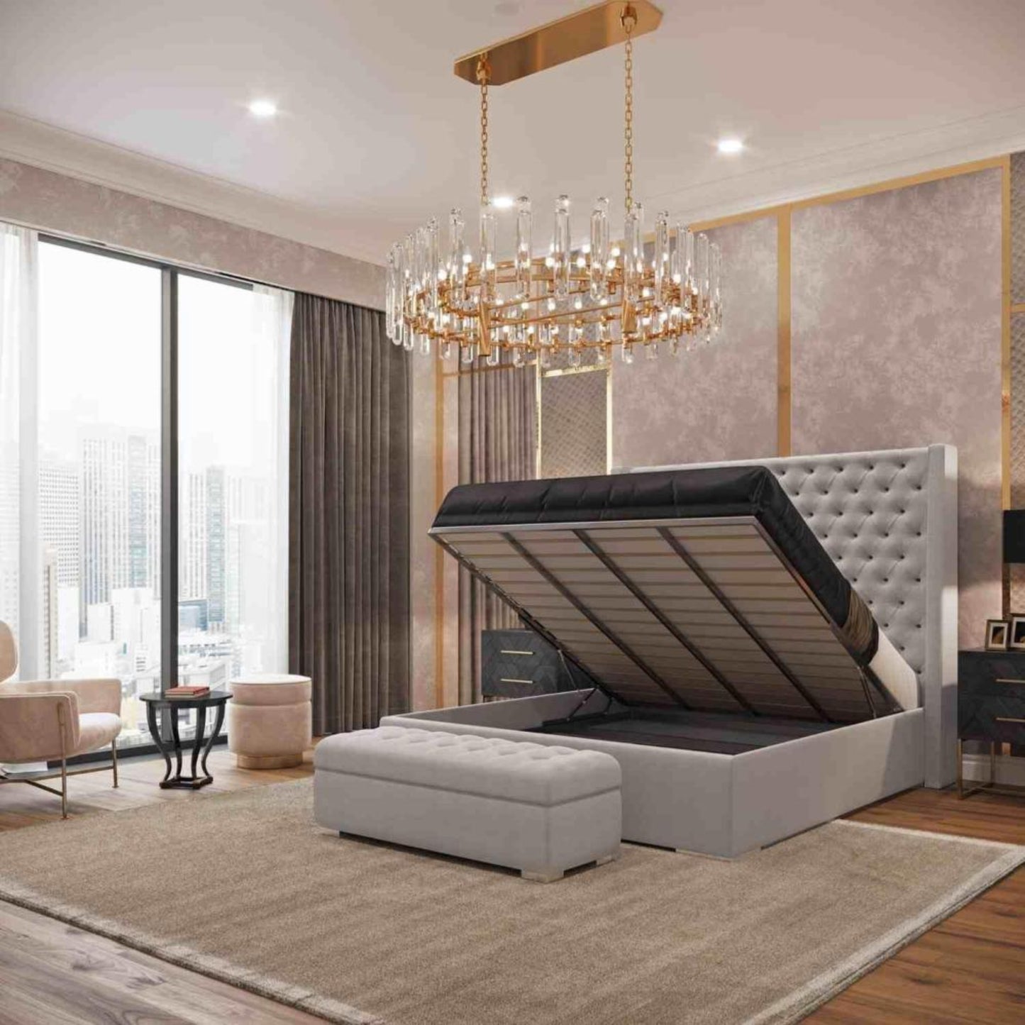 Modern bedroom with tufted 2025 Nina wingback bed, storage, beige ottoman, chandelier, armchairs, and a city view window.