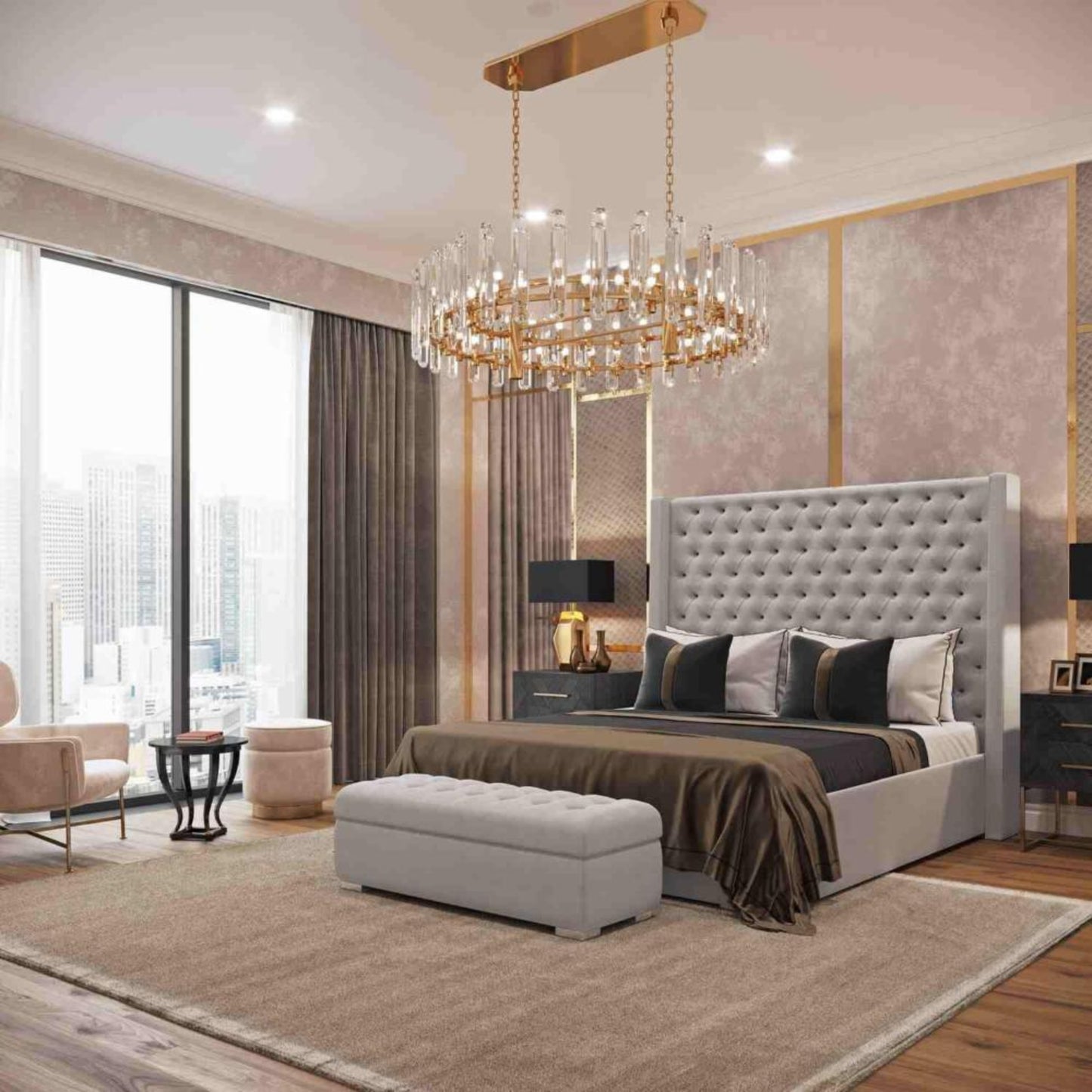 Luxurious bedroom with large tufted gray 2025 Nina Wingback Bed, crystal chandelier, beige tones, and plush seating.
