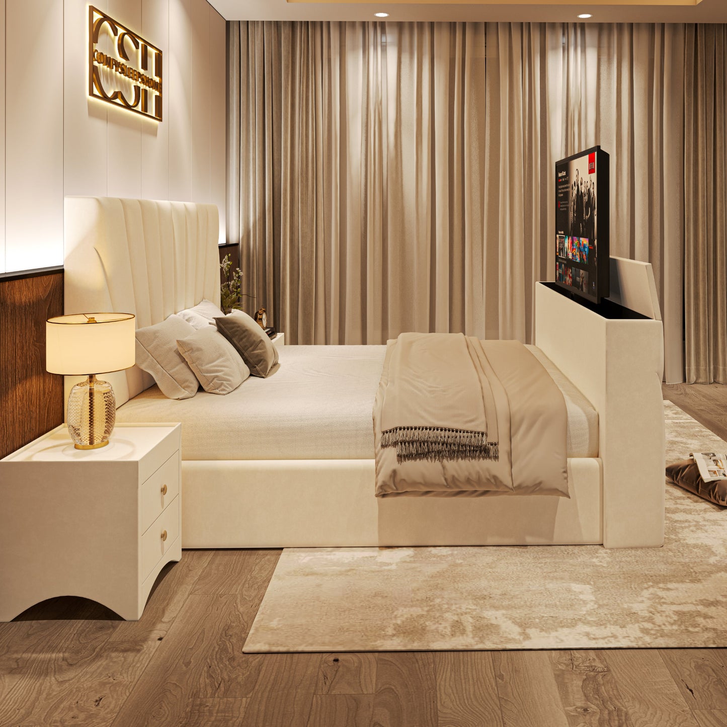 Modern 2025 Lynza TV Bed with sleek upholstered frame, hidden pop-up TV feature, and natural light-filled bedroom setting.