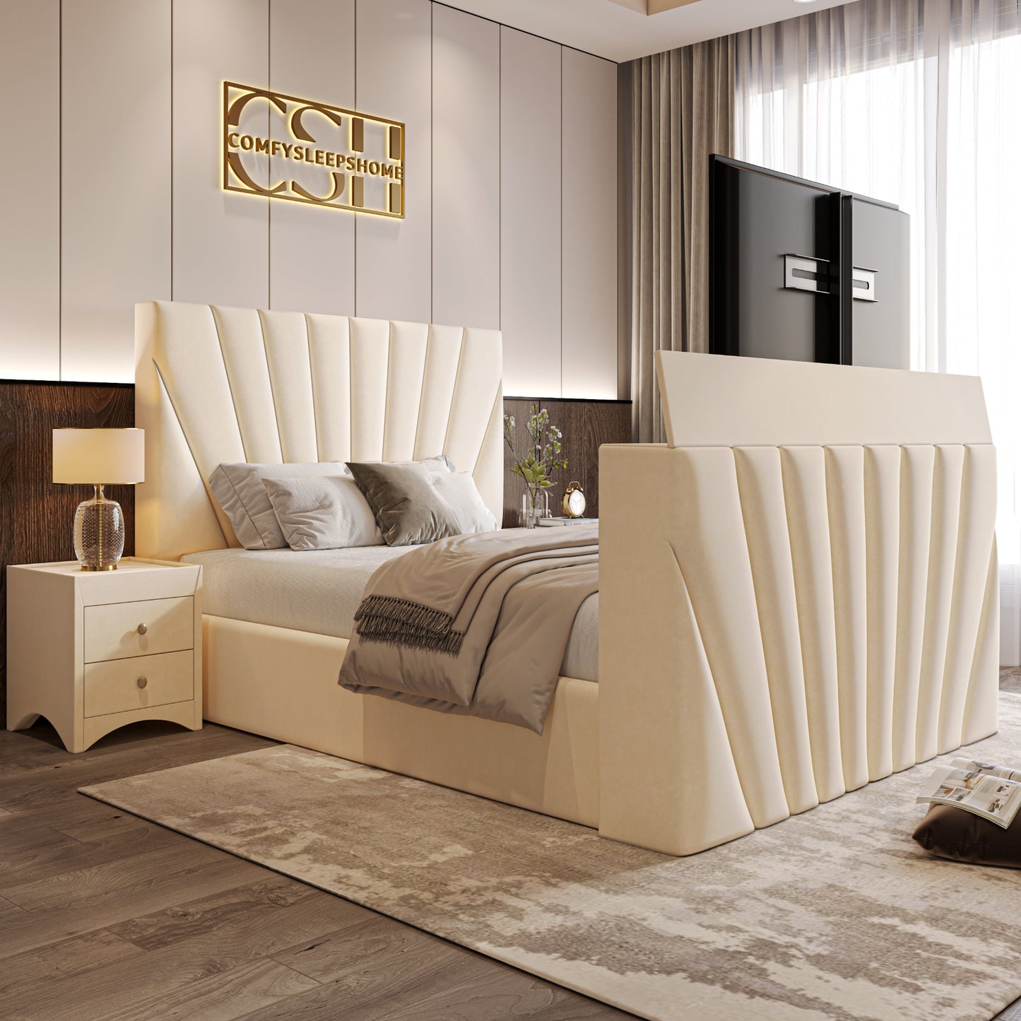 Modern bedroom with the 2025 The Chelsea TV Bed featuring a tall headboard and footboard.