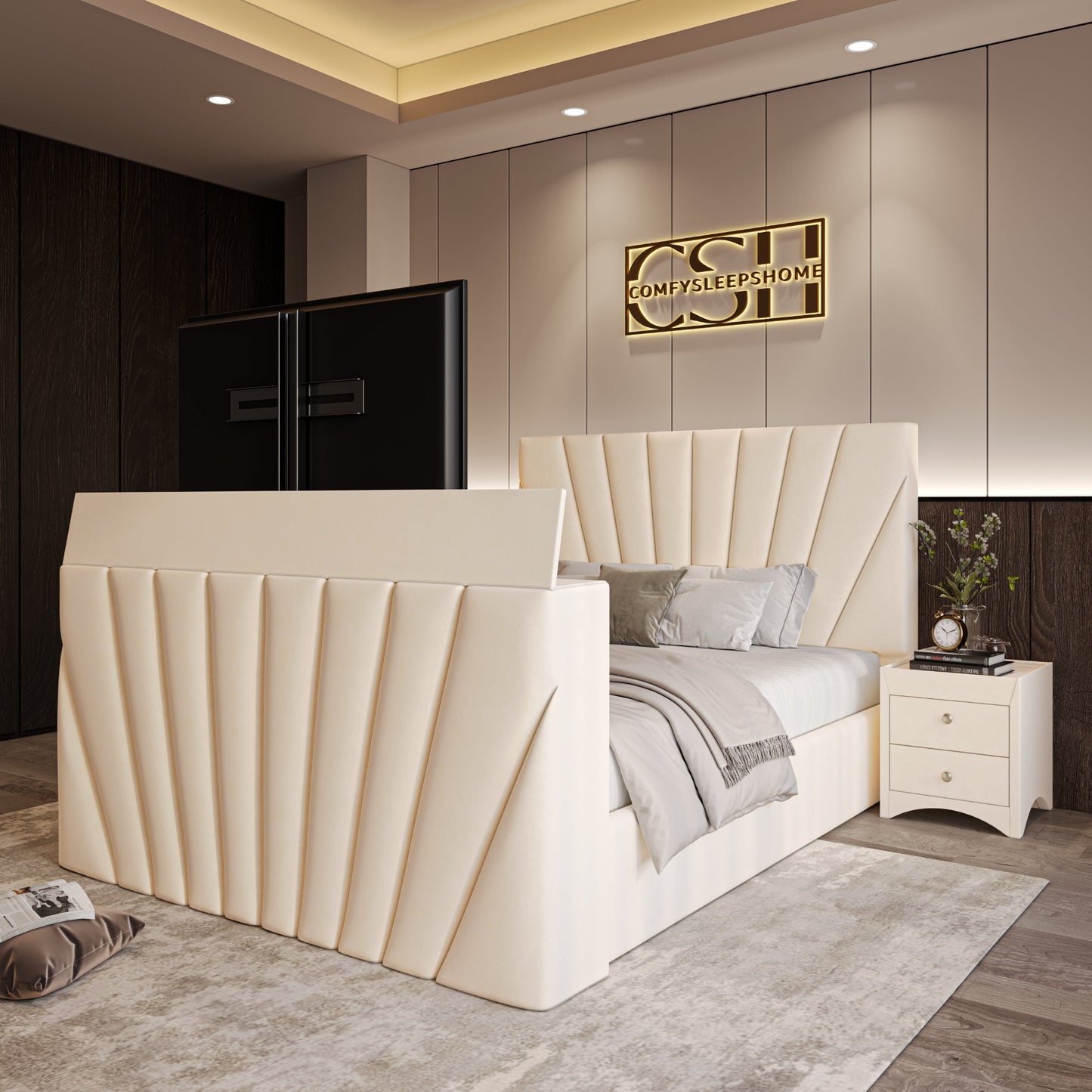 Elegant 2025 Chelsea TV Bed with vertical panel design, hidden TV lift, soft beige finish, and modern bedroom decor.