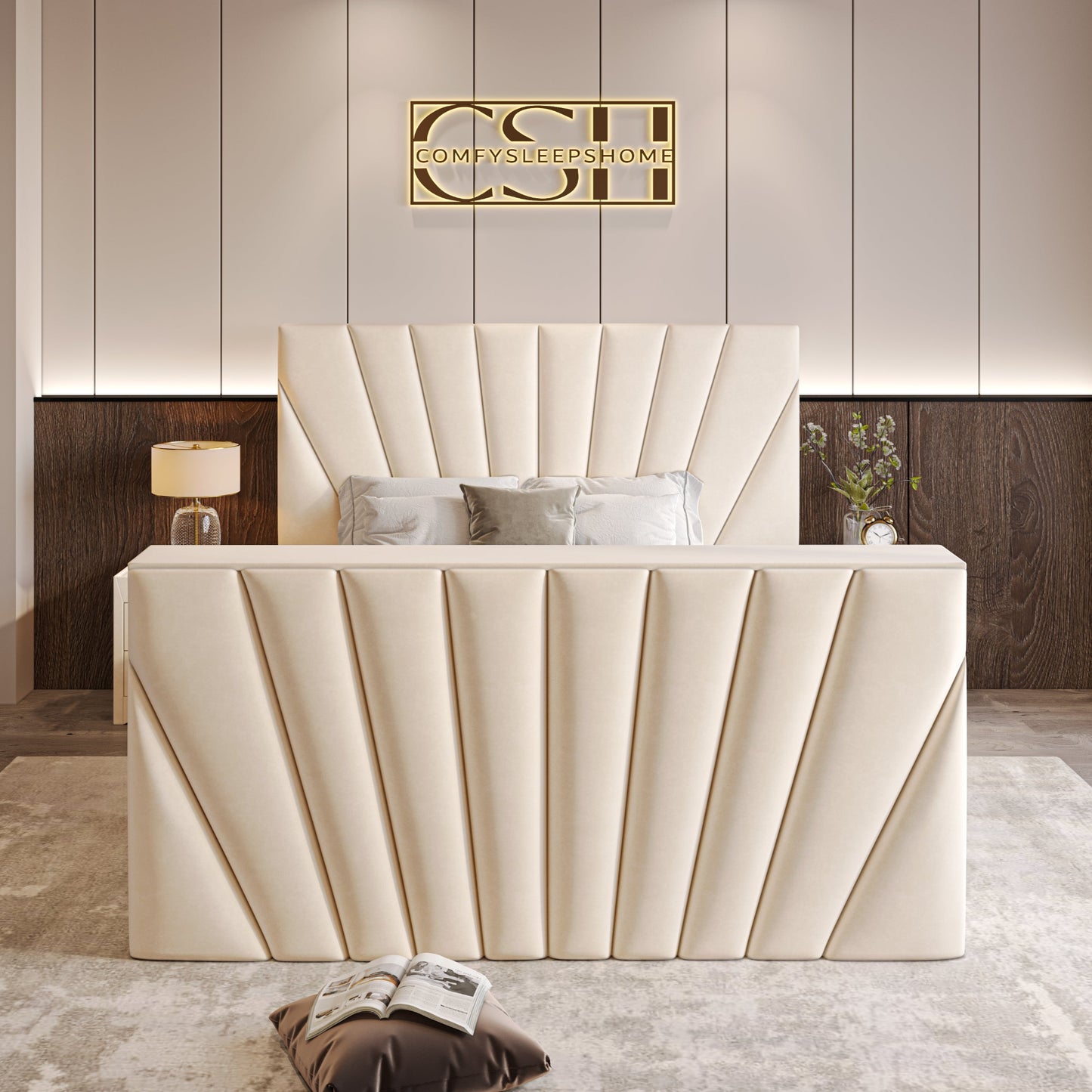 Modern bedroom with cream bed and 2025 The Chelsea TV Bed design, chandelier, textured walls, and potted plant.