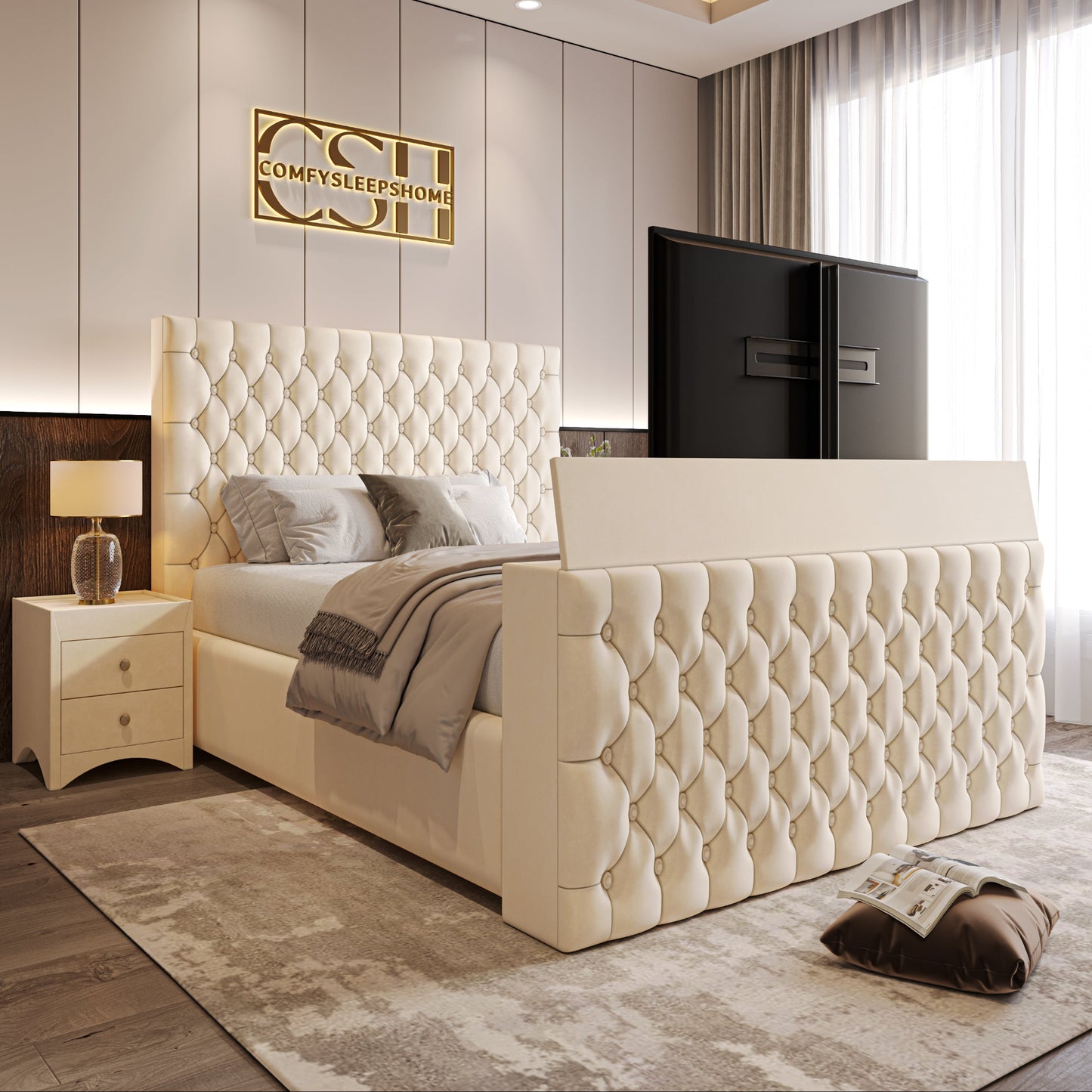 Luxurious bedroom with a tufted beige bed, flat-screen TV at foot, stylish decor. 2025 The Chiswick TV Bed prominently featured.