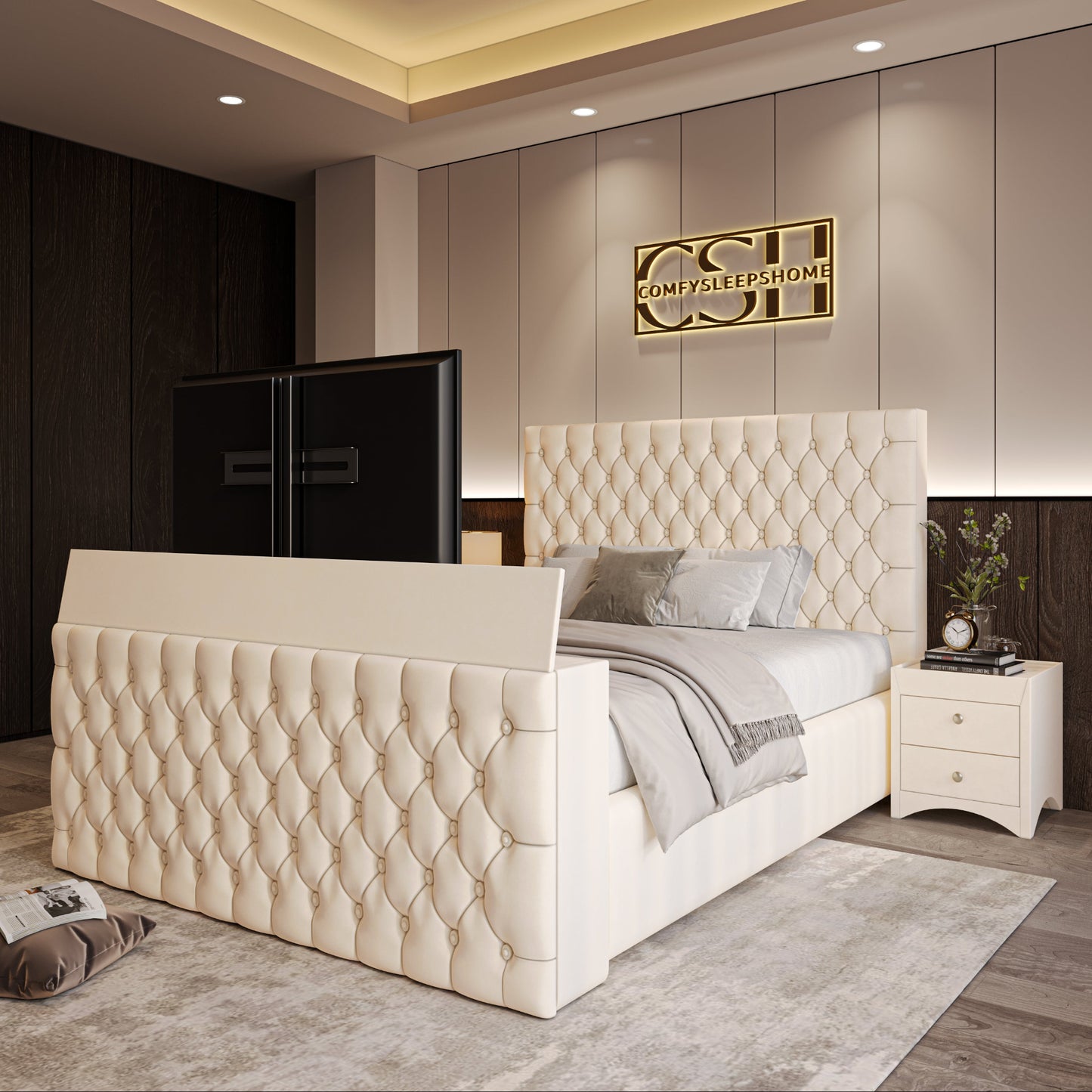 Luxurious bedroom with cream quilted bed, 2025 The Chiswick TV Bed, and integrated TV. Elegant and modern design.