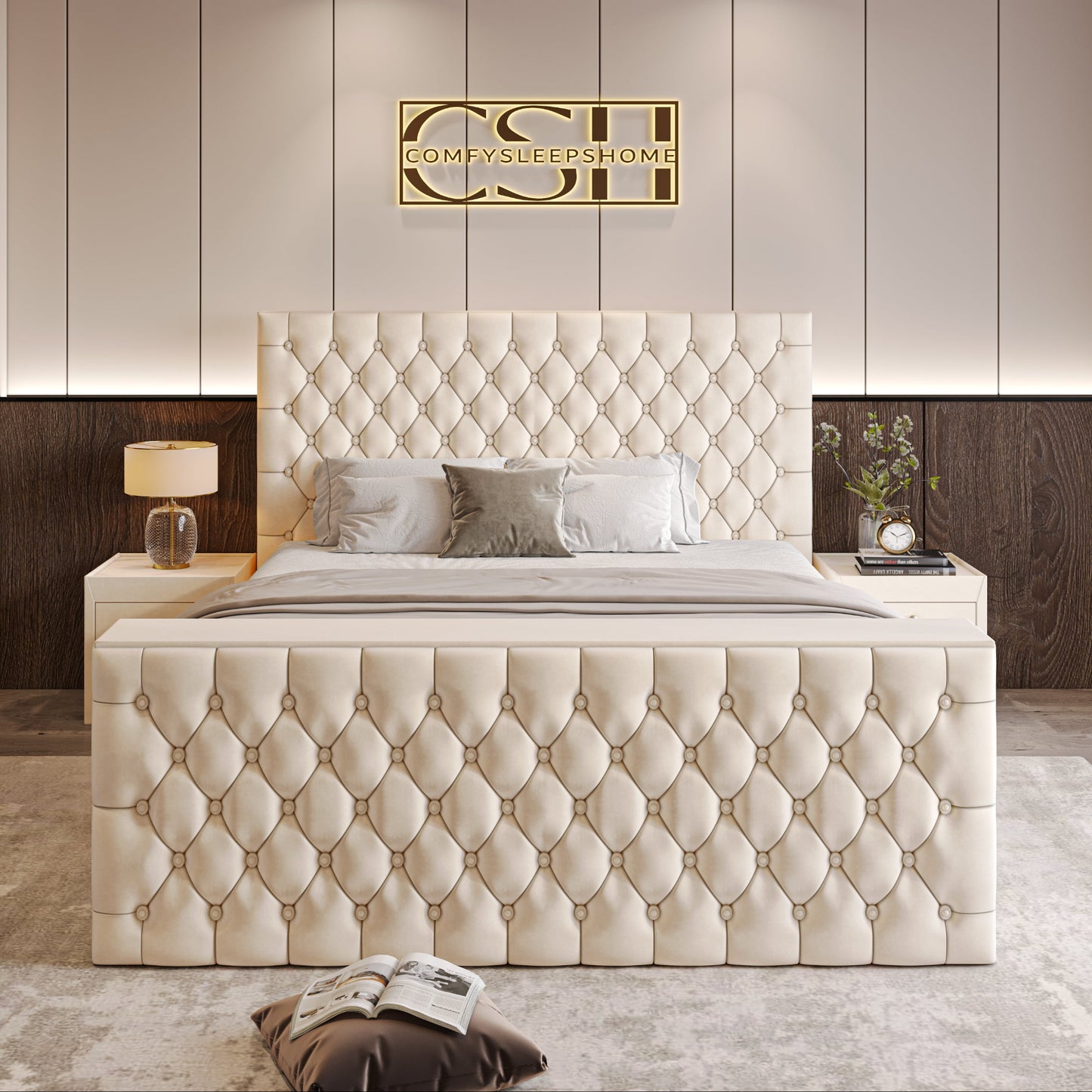 Luxurious bedroom with a 2025 The Chiswick TV Bed featuring a tufted design.