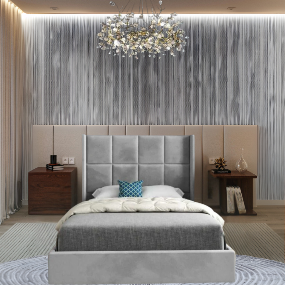 Modern bedroom with a grey upholstered bed, nightstands, textured wall, and decorative chandelier.