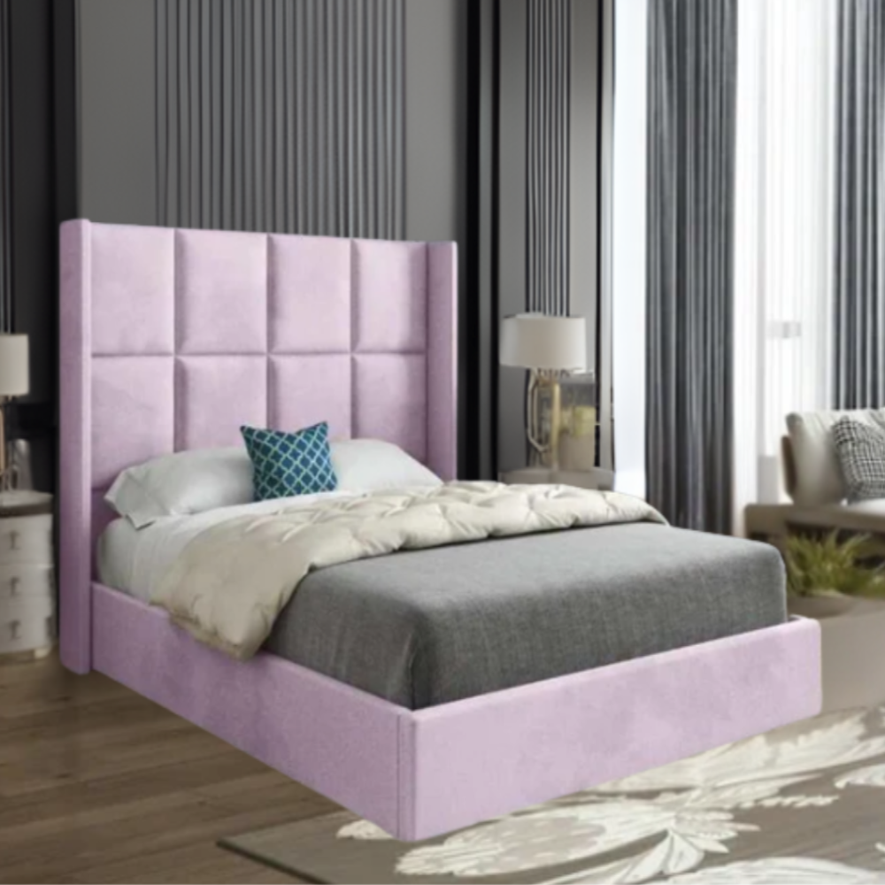 Modern bedroom with a tall light purple upholstered bed, decorative pillows, and elegant decor.