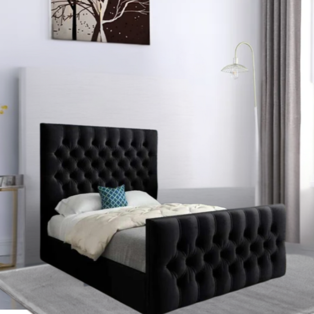 A bedroom with a black tufted bed, teal cushion, and abstract artwork above.