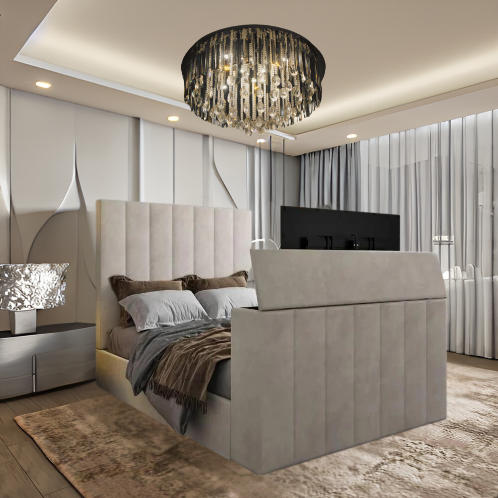 Modern bedroom with an upholstered bed, decorative walls, and a chandelier.