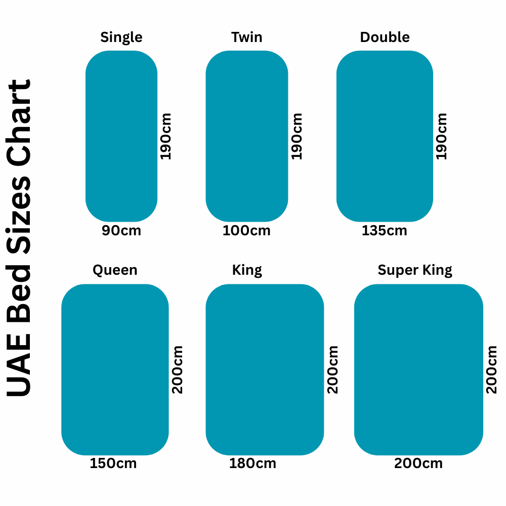 UAE bed sizes: Single, Twin, Double, Queen, King, Super King with dimensions in cm, illustrated in teal rectangles.