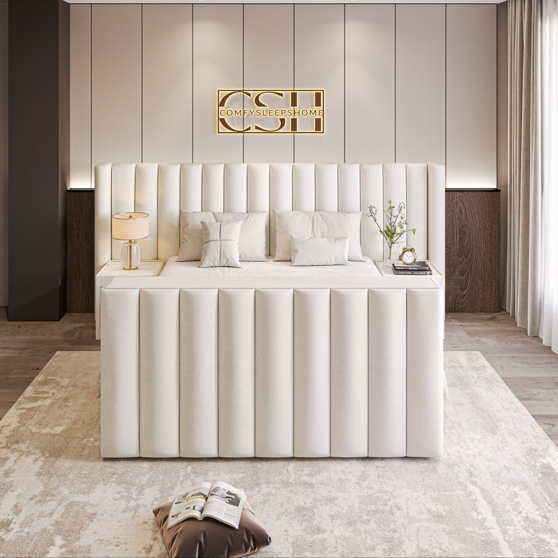 Modern bedroom with a beige tufted bed and minimalist decor.