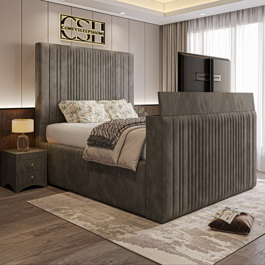 Modern bedroom with 2025 The Belgravia TV Bed, featuring a pop-up smart TV, plush grey frame, cozy bedding, and elegant lighting.