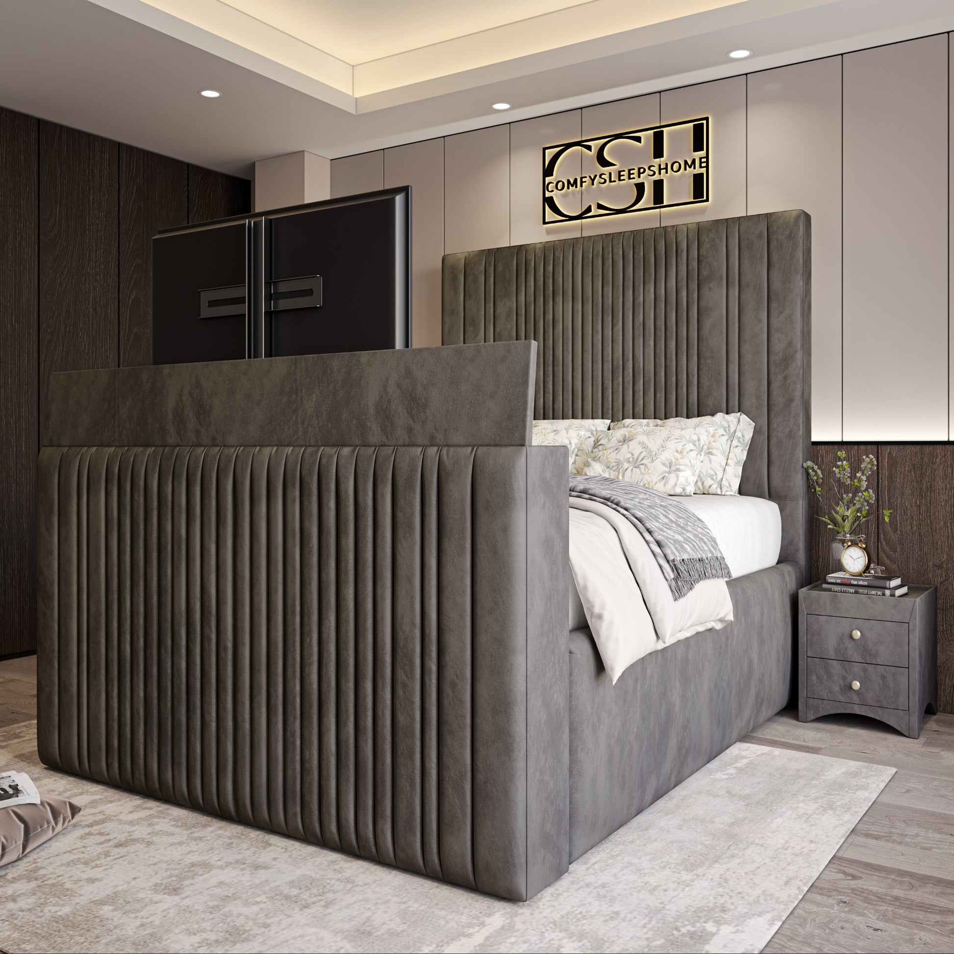 2025 The Belgravia TV Bed displayed with built-in TV lift, premium fabric design, layered bedding, and a serene room environment.