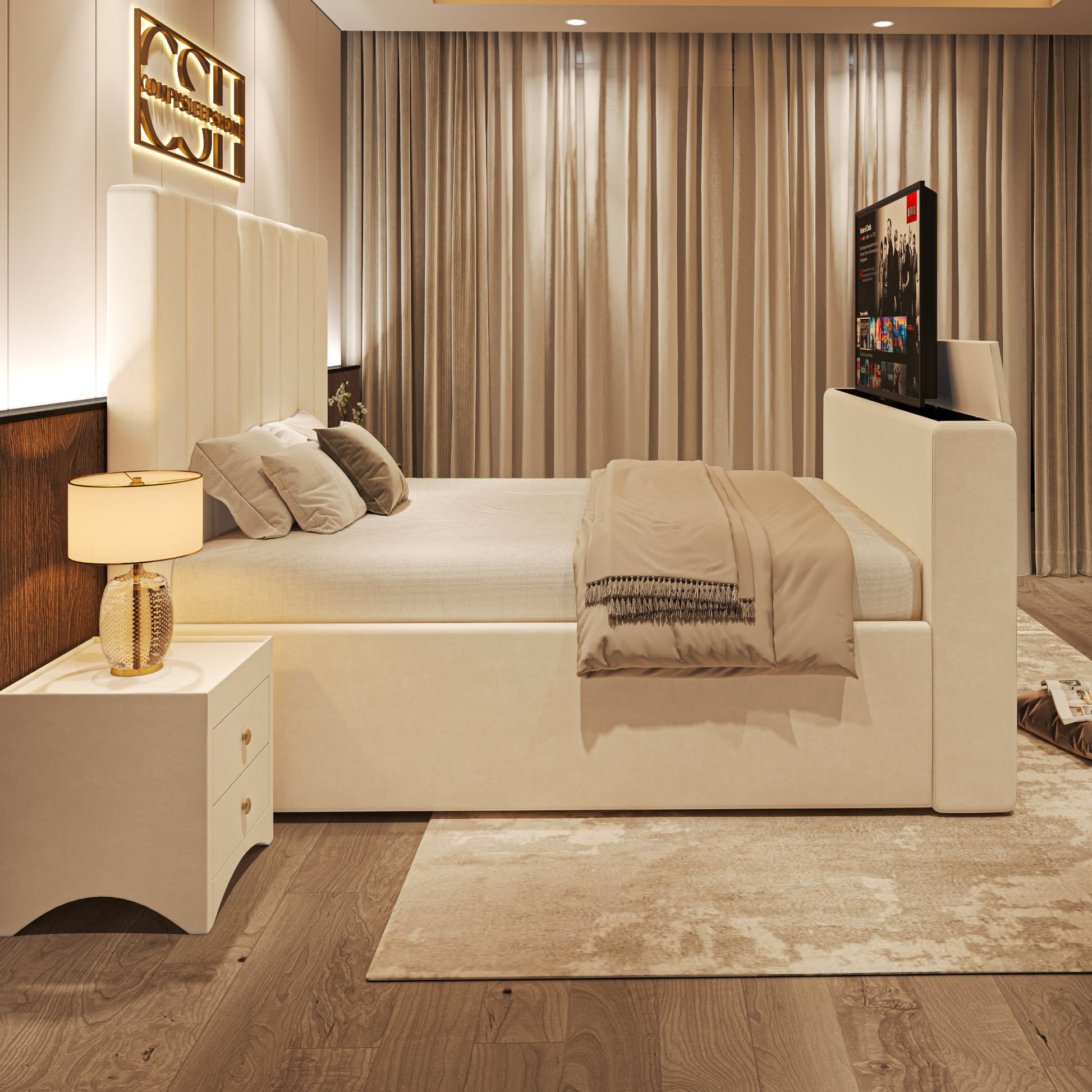 Modern bedroom with 2025 Fiorentina TV Bed in soft fabric, built-in TV, layered bedding, and warm, neutral interior styling.