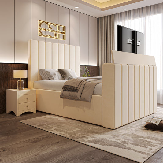 2025 Fiorentina TV Bed in a modern bedroom with beige upholstery and vertical paneling.