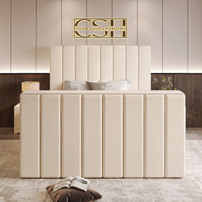 
A chic cream 2025 Fiorentina TV Bed with a tall, channel-tufted headboard and matching footboard, set in a contemporary bedroom. 