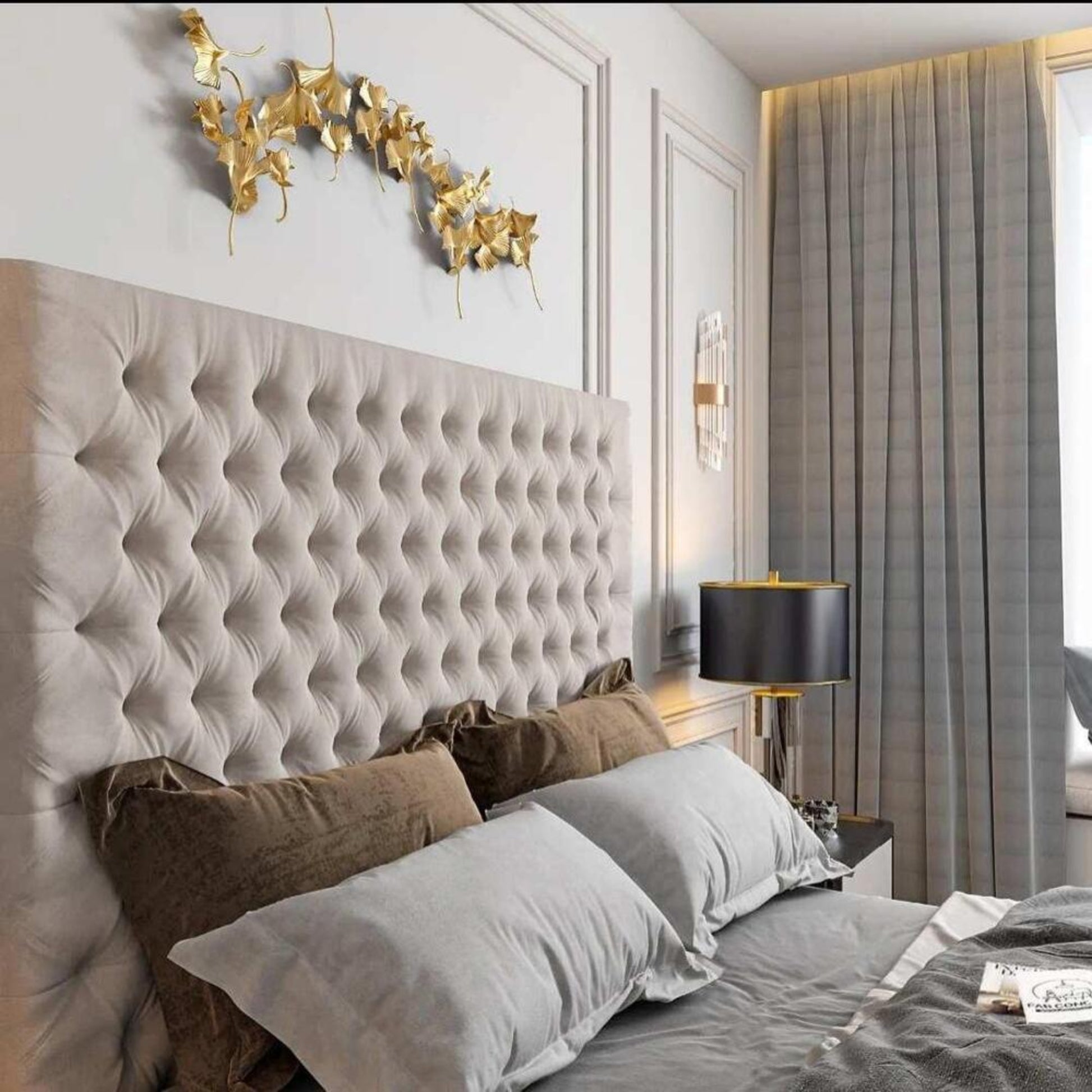 Bedroom with tufted headboard, pillows, and gold wall art. Features 2025 Florence TV bed with modern design elements.