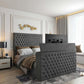 Modern bedroom with a 2025 Florence TV bed, gray tufted headboard, integrated TV, and elegant decor elements.