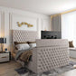 Contemporary bedroom with a tufted bed, built-in TV in footboard, 2025 florence tv bed, wall art, and a window seat, lit by natural light.