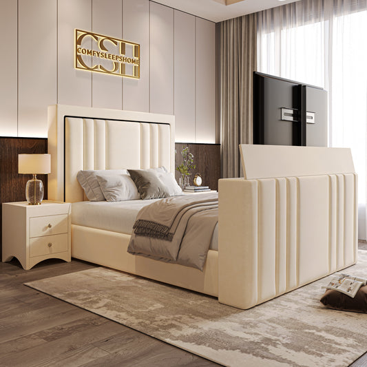 Modern bedroom with a 2025 Kensington TV Bed, featuring a beige upholstered bed with an integrated TV.