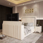Modern bedroom with a 2025 Kensington TV Bed featuring a beige upholstered design and built-in TV.